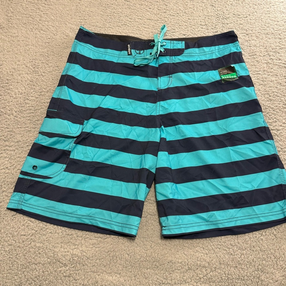 Arbor Mens‎ Nano Bamboo Board Shorts Size 34 Swimming Athletic Striped blue